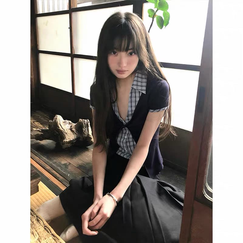 있음 선적 한 부서 학원 스타일 배색 반팔 몸매 가꾸기 패치워크 체크무늬 여성 셔츠 상세 이미지 7