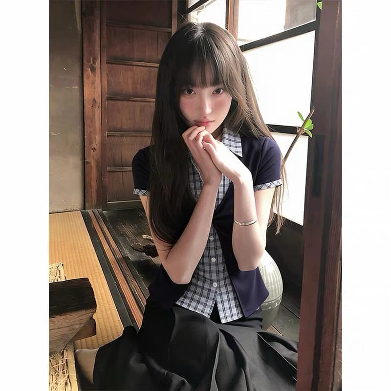 있음 선적 한 부서 학원 스타일 배색 반팔 몸매 가꾸기 패치워크 체크무늬 여성 셔츠 상세 이미지 8