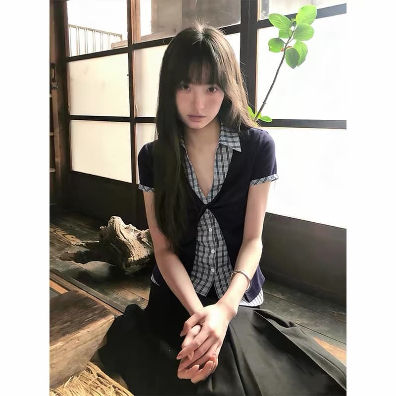 있음 선적 한 부서 학원 스타일 배색 반팔 몸매 가꾸기 패치워크 체크무늬 여성 셔츠 상세 이미지 9