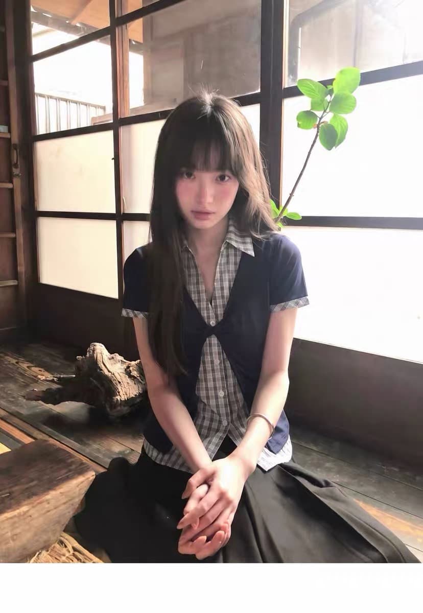 있음 선적 한 부서 학원 스타일 배색 반팔 몸매 가꾸기 패치워크 체크무늬 여성 셔츠 상세 이미지 11