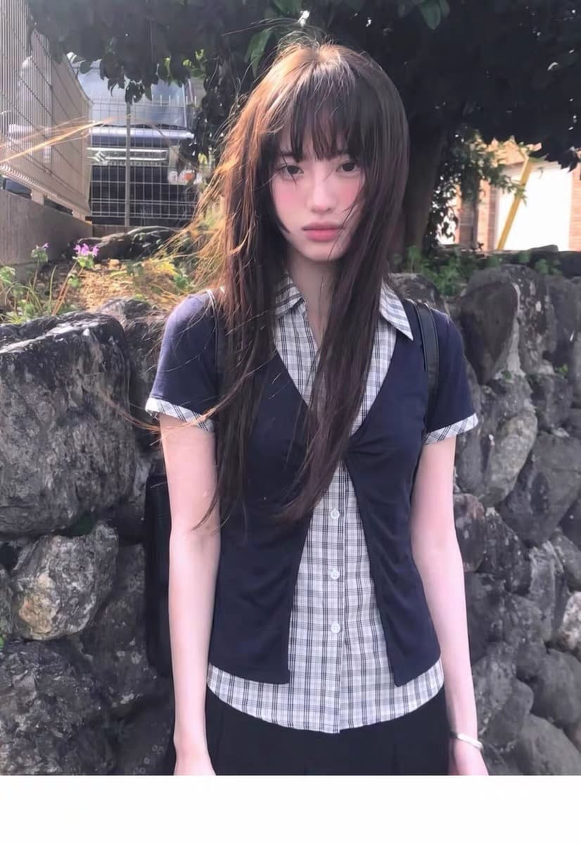 있음 선적 한 부서 학원 스타일 배색 반팔 몸매 가꾸기 패치워크 체크무늬 여성 셔츠 상세 이미지 12