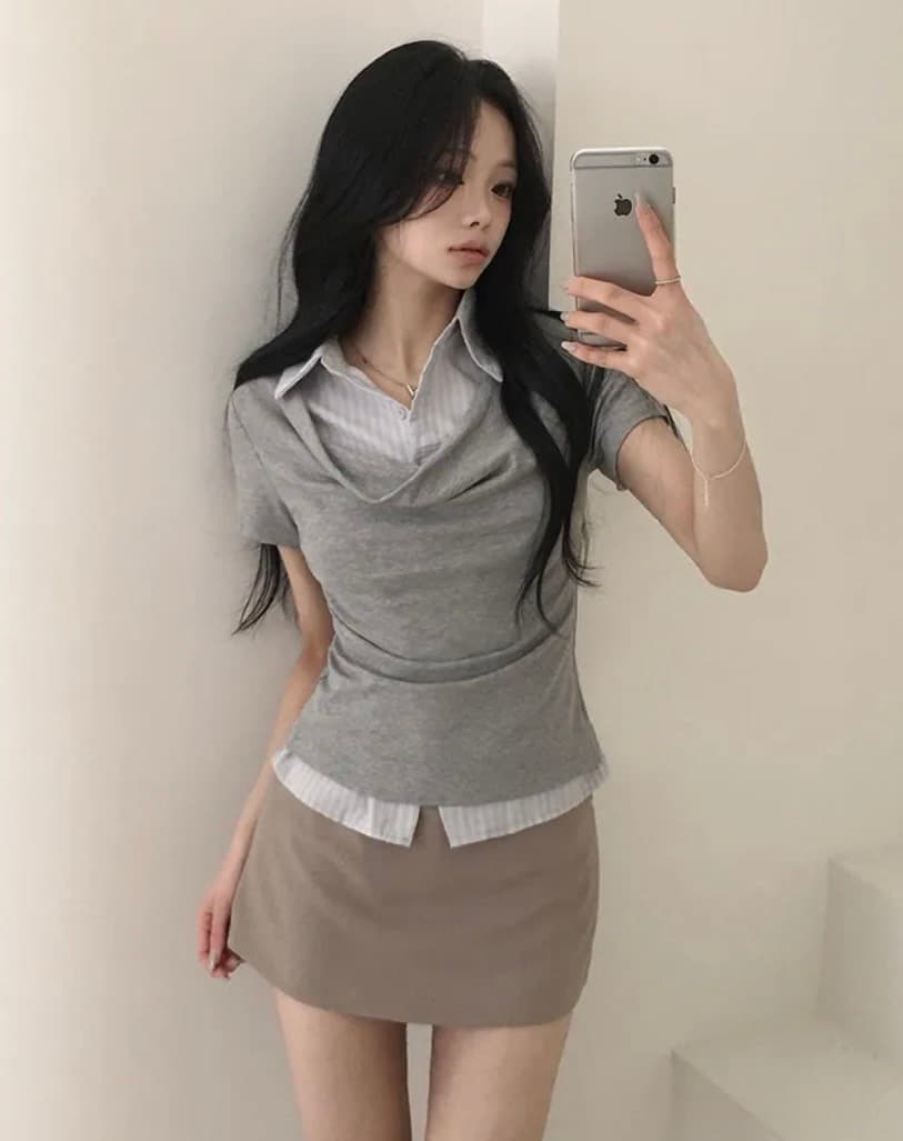 있음 선적 달콤한 핫걸 V넥 불규칙 주름 흔들다 칼라 스트라이프 페이크 레이어드 여성 셔츠 순수한 욕망 polo 맨위