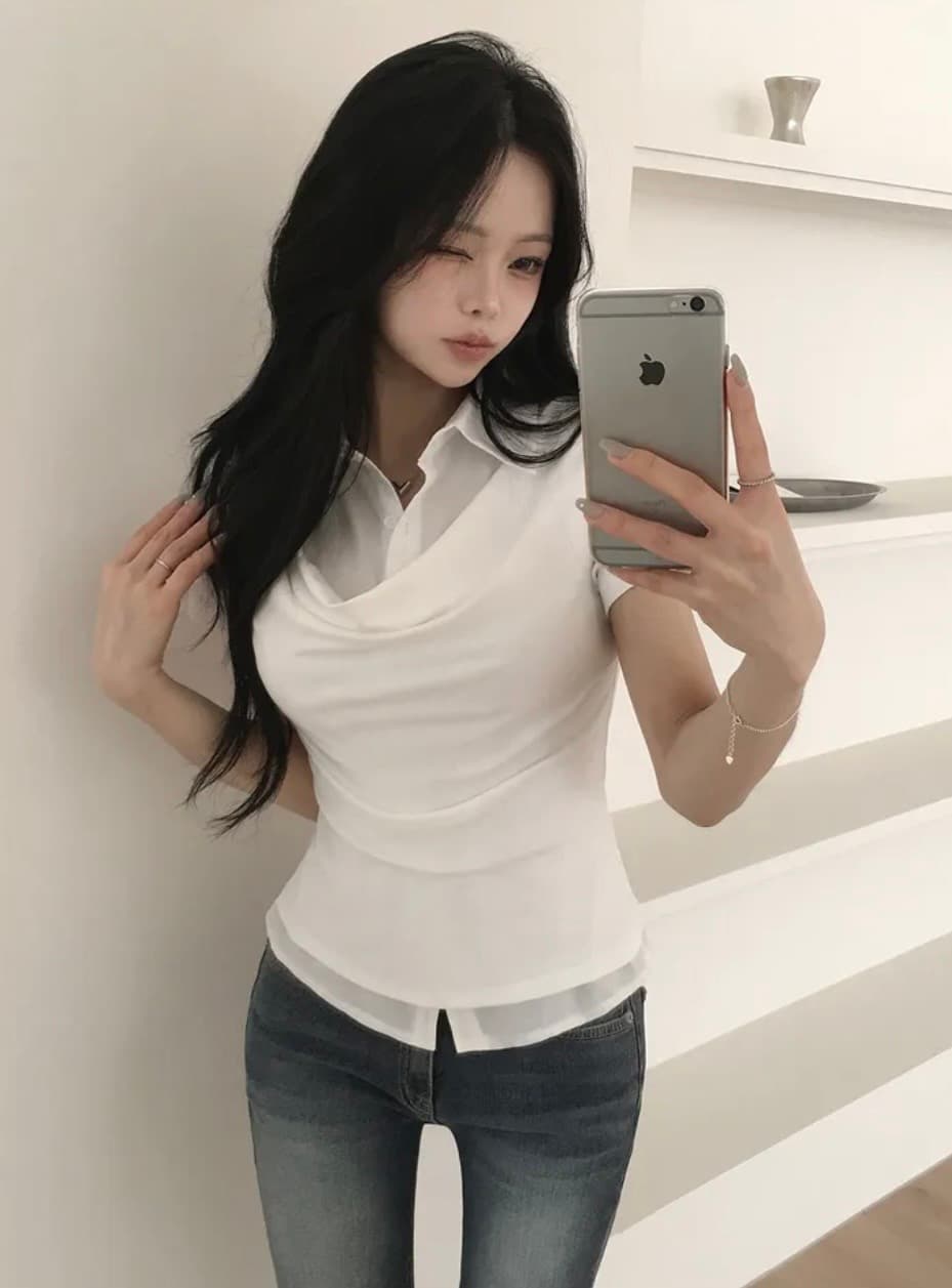 있음 선적 달콤한 핫걸 V넥 불규칙 주름 흔들다 칼라 스트라이프 페이크 레이어드 여성 셔츠 순수한 욕망 polo 맨위 이미지 2