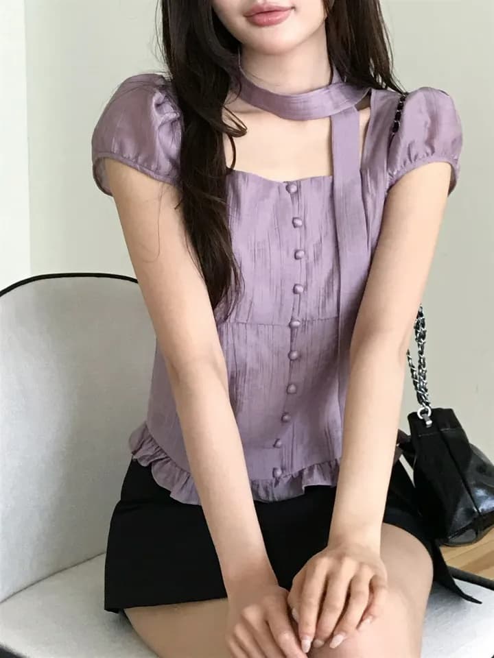 재고 있음 지젤 눈 허용하다 같은 단락 레이스 프릴 주름 광장 칼라 반팔 셔츠 이미지 4