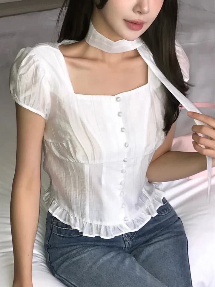 재고 있음 지젤 눈 허용하다 같은 단락 레이스 프릴 주름 광장 칼라 반팔 셔츠 이미지 3