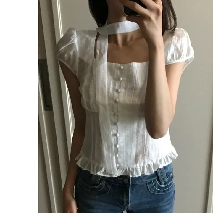 재고 있음 지젤 눈 허용하다 같은 단락 레이스 프릴 주름 광장 칼라 반팔 셔츠 이미지 2