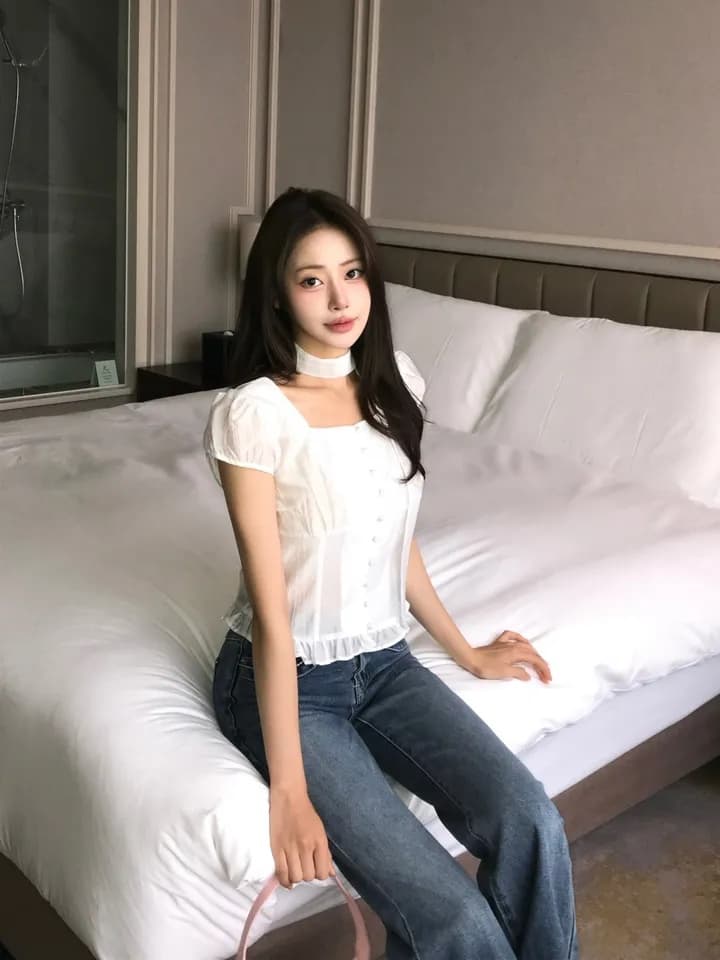 재고 있음 지젤 눈 허용하다 같은 단락 레이스 프릴 주름 광장 칼라 반팔 셔츠 상세 이미지 13