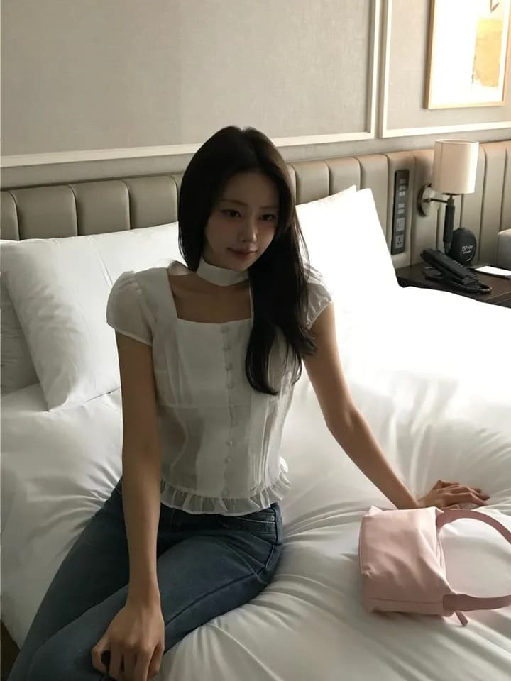 재고 있음 지젤 눈 허용하다 같은 단락 레이스 프릴 주름 광장 칼라 반팔 셔츠 상세 이미지 19