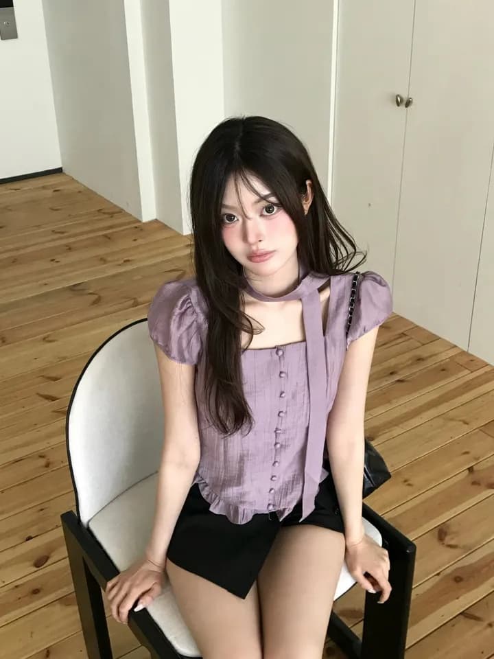 재고 있음 지젤 눈 허용하다 같은 단락 레이스 프릴 주름 광장 칼라 반팔 셔츠 상세 이미지 40