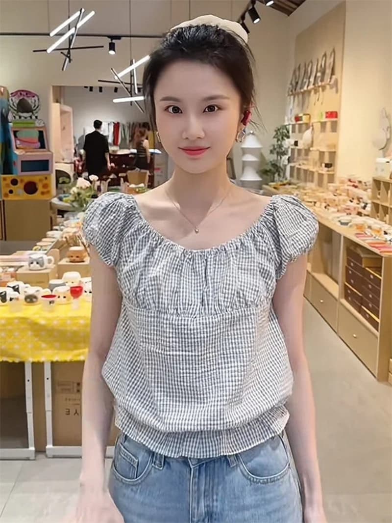 렌 민 장 후이 원자바오 같은 단락 레트로 보트넥 체크무늬 달콤함 거품 소매 셔츠 반팔 맨위 여성 상세 이미지 21