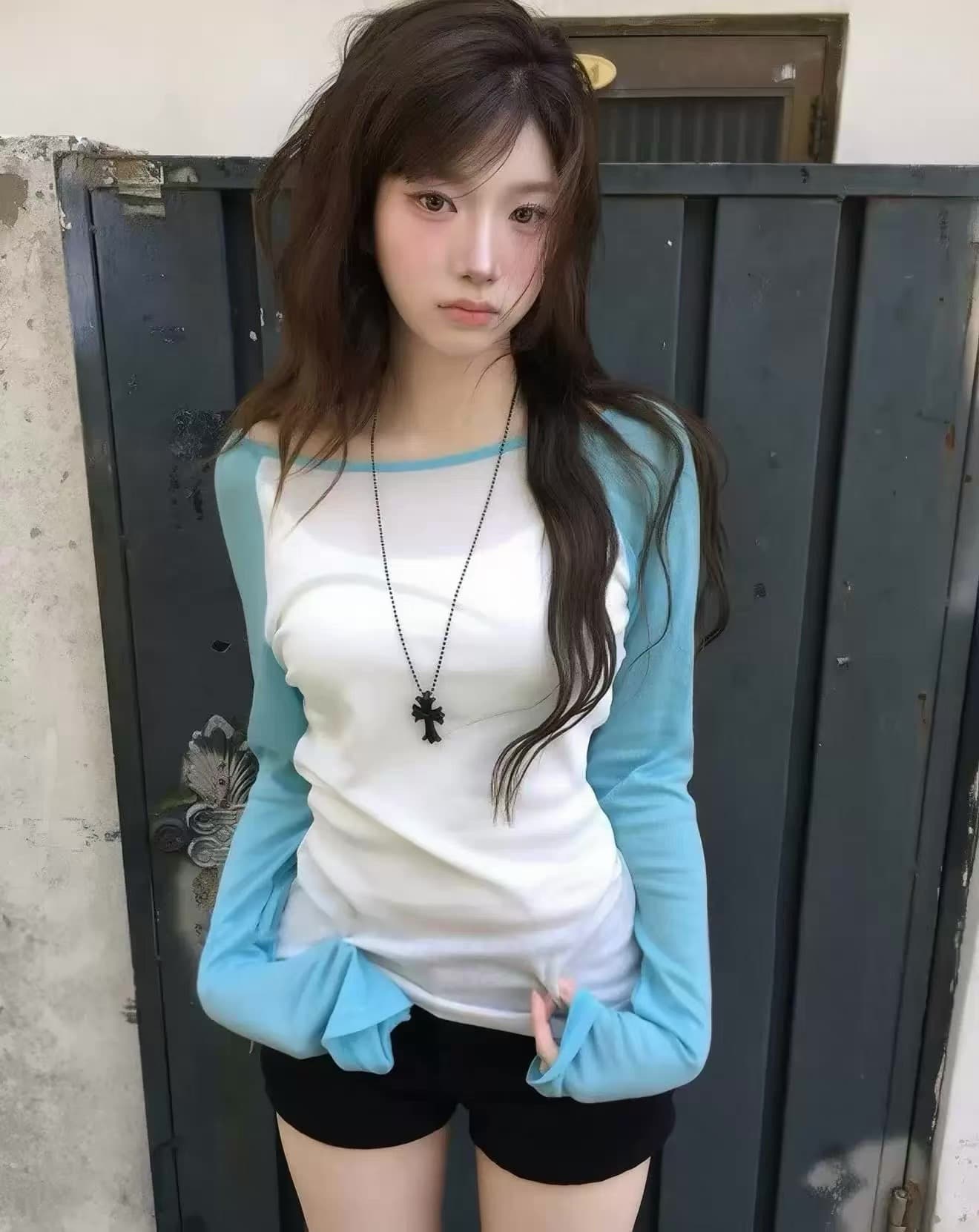 재고 있음 골드 주님 En 같은 단락 한국 여름 패치워크 색상 삽입 어깨 오프숄더 맨위 긴팔 티셔츠