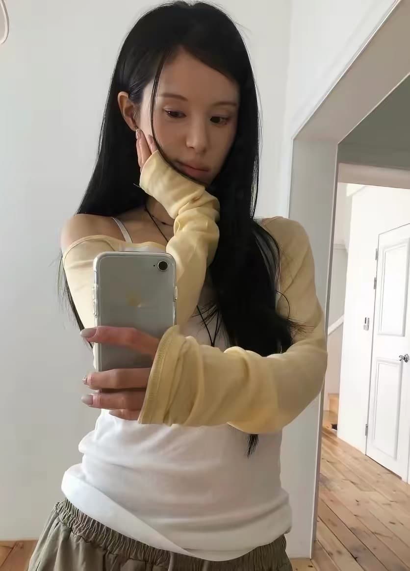 재고 있음 골드 주님 En 같은 단락 한국 여름 패치워크 색상 삽입 어깨 오프숄더 맨위 긴팔 티셔츠 상세 이미지 3