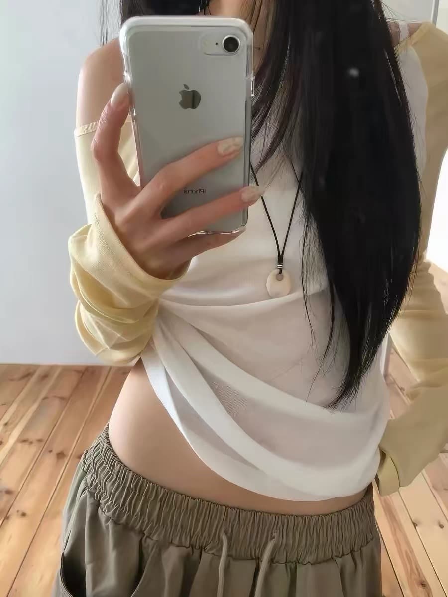 재고 있음 골드 주님 En 같은 단락 한국 여름 패치워크 색상 삽입 어깨 오프숄더 맨위 긴팔 티셔츠 상세 이미지 4