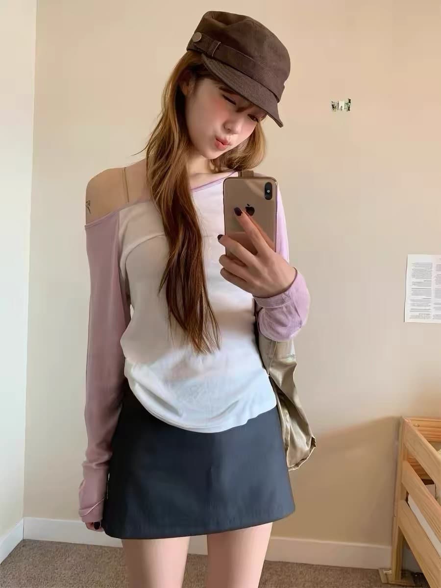재고 있음 골드 주님 En 같은 단락 한국 여름 패치워크 색상 삽입 어깨 오프숄더 맨위 긴팔 티셔츠 상세 이미지 19