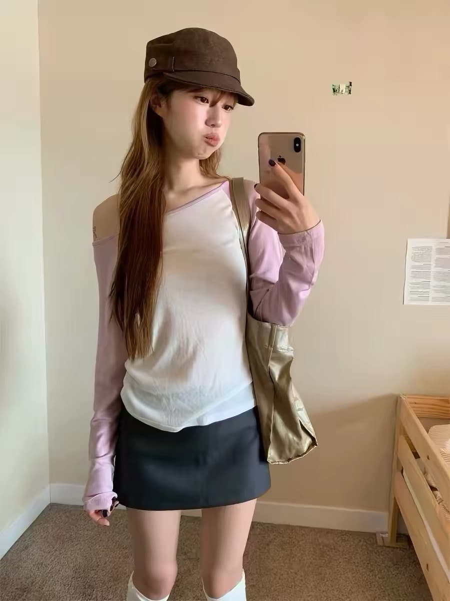 재고 있음 골드 주님 En 같은 단락 한국 여름 패치워크 색상 삽입 어깨 오프숄더 맨위 긴팔 티셔츠 상세 이미지 21