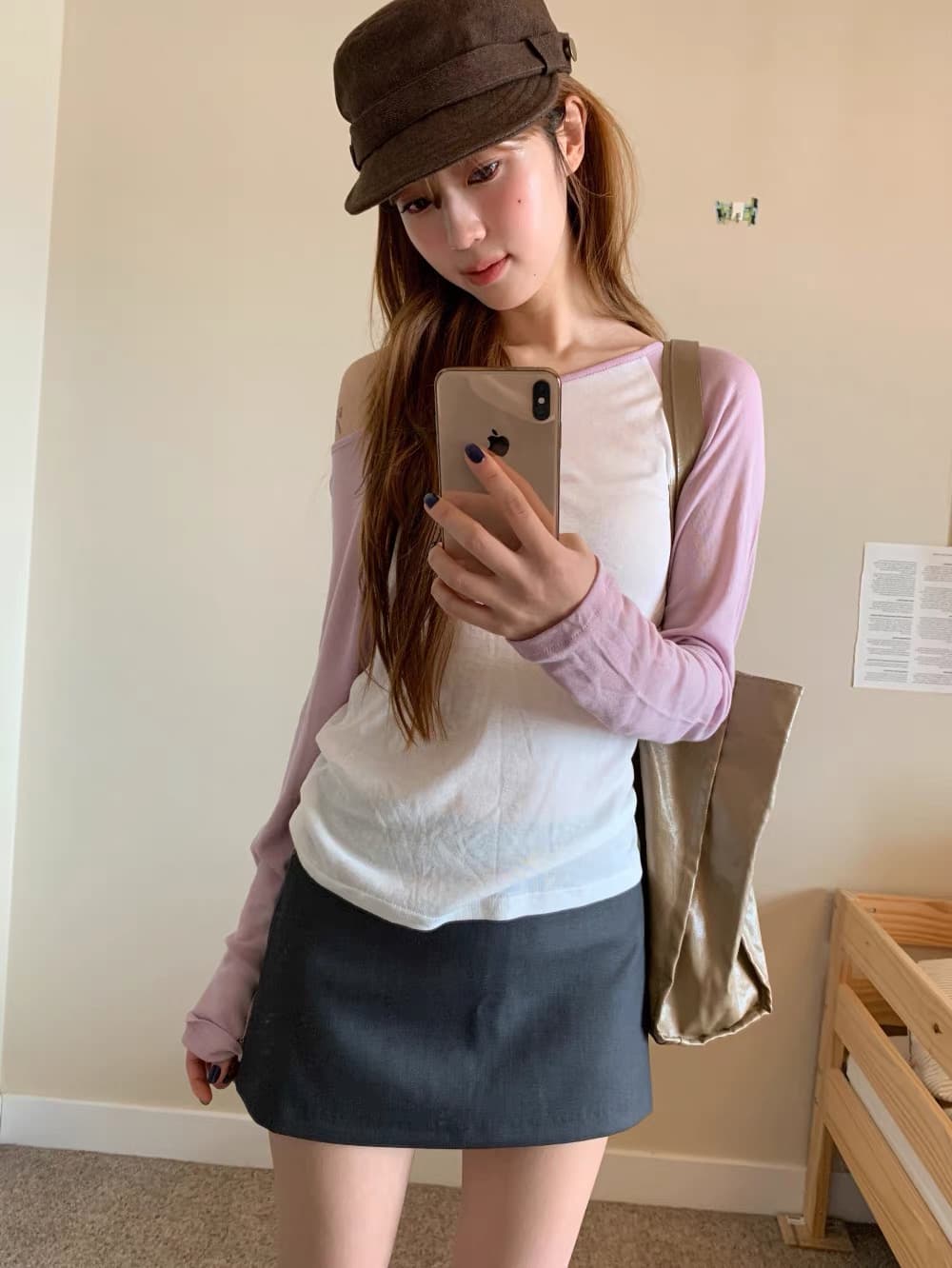 재고 있음 골드 주님 En 같은 단락 한국 여름 패치워크 색상 삽입 어깨 오프숄더 맨위 긴팔 티셔츠 상세 이미지 22