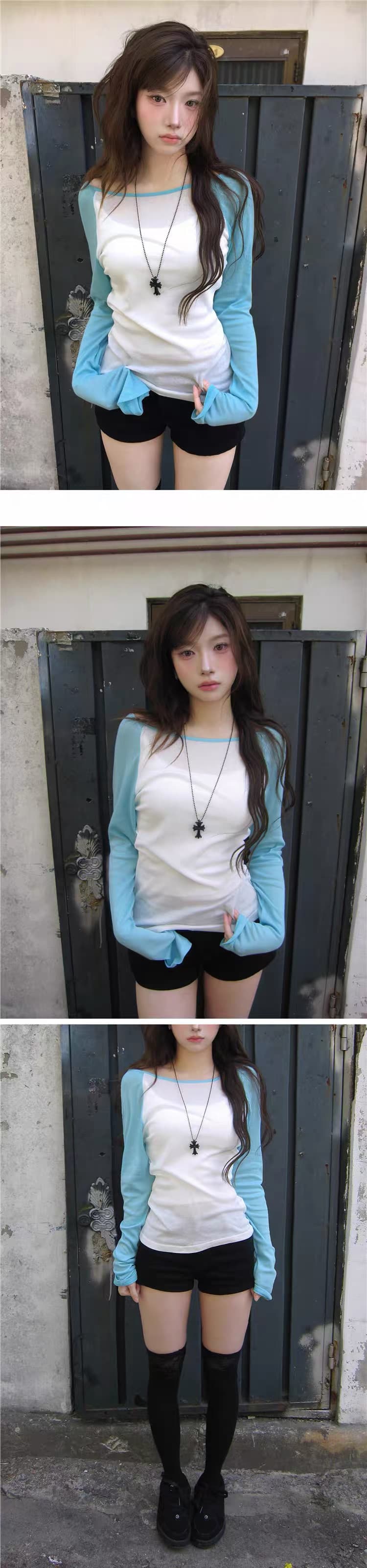 재고 있음 골드 주님 En 같은 단락 한국 여름 패치워크 색상 삽입 어깨 오프숄더 맨위 긴팔 티셔츠 상세 이미지 27