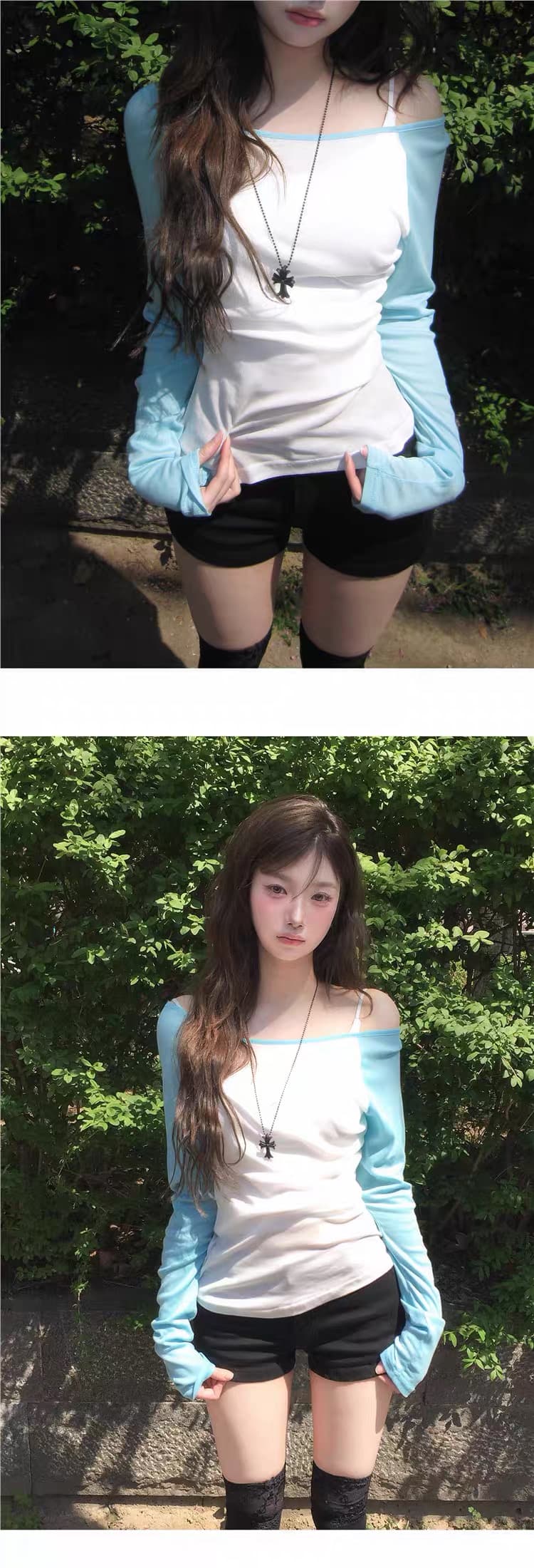 재고 있음 골드 주님 En 같은 단락 한국 여름 패치워크 색상 삽입 어깨 오프숄더 맨위 긴팔 티셔츠 상세 이미지 28