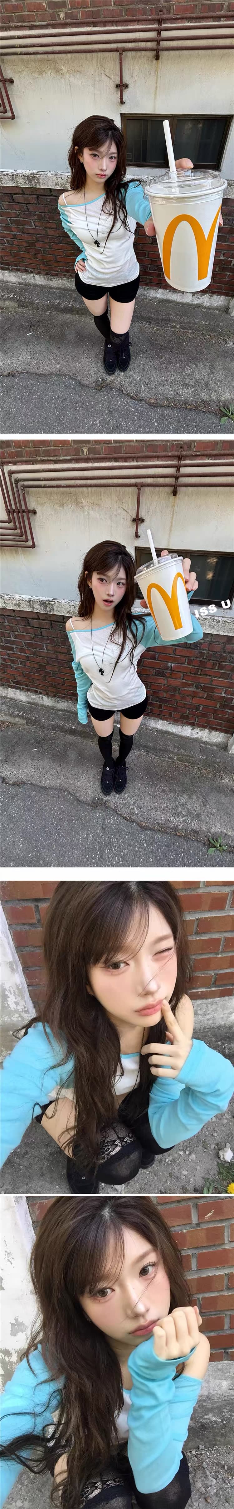 재고 있음 골드 주님 En 같은 단락 한국 여름 패치워크 색상 삽입 어깨 오프숄더 맨위 긴팔 티셔츠 상세 이미지 29