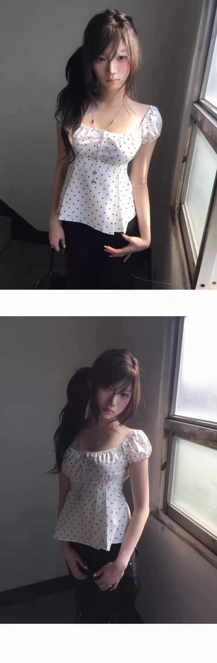 있음 선적 한국 신선함 도트 무늬 광장 칼라 거품 소매 허리 수축 슬림해 보이는 맨위 상세 이미지 1