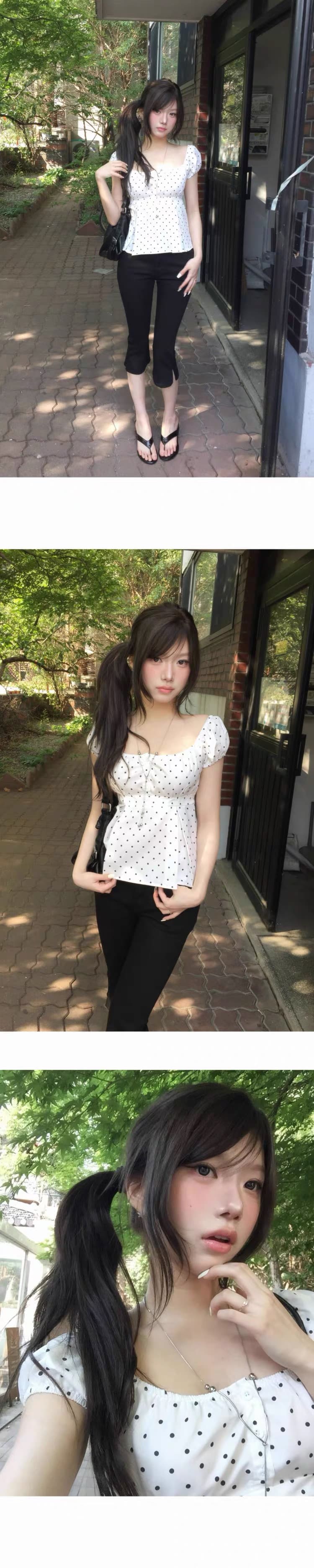있음 선적 한국 신선함 도트 무늬 광장 칼라 거품 소매 허리 수축 슬림해 보이는 맨위 상세 이미지 3