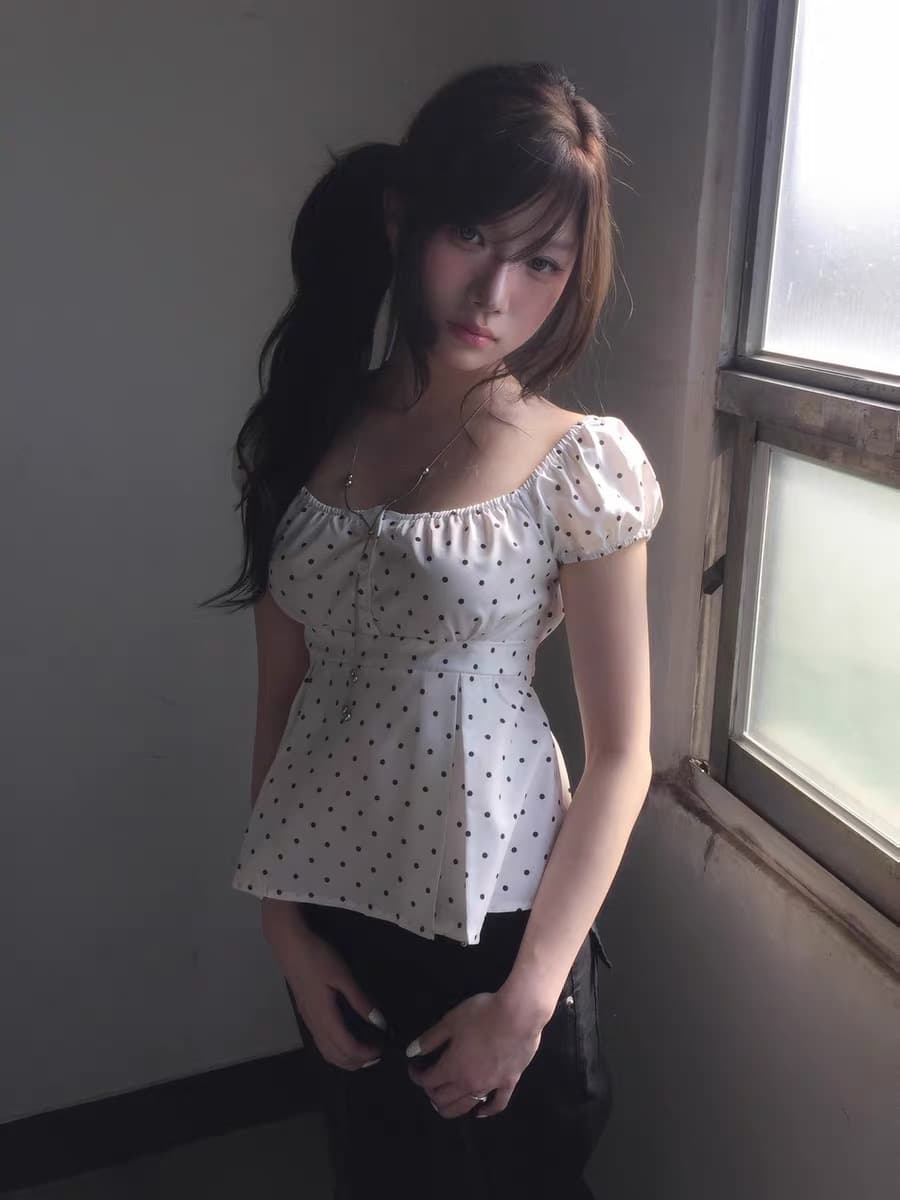 있음 선적 한국 신선함 도트 무늬 광장 칼라 거품 소매 허리 수축 슬림해 보이는 맨위 상세 이미지 4