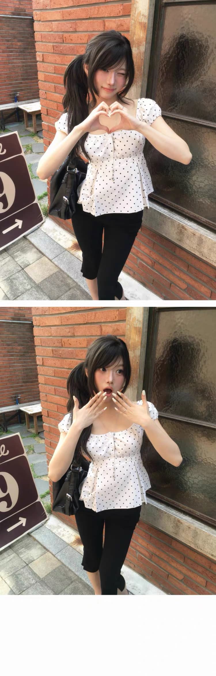 있음 선적 한국 신선함 도트 무늬 광장 칼라 거품 소매 허리 수축 슬림해 보이는 맨위 상세 이미지 6