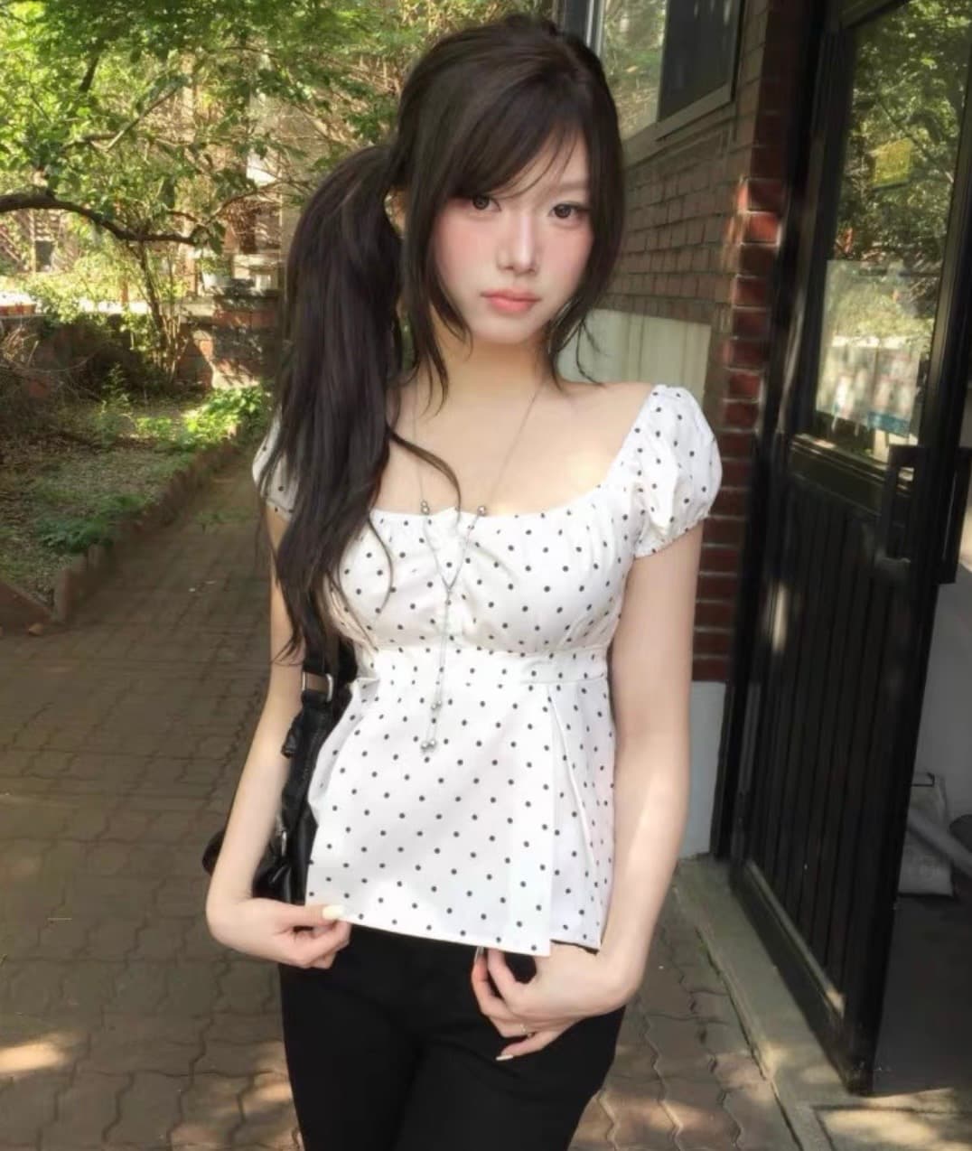 있음 선적 한국 신선함 도트 무늬 광장 칼라 거품 소매 허리 수축 슬림해 보이는 맨위 상세 이미지 7