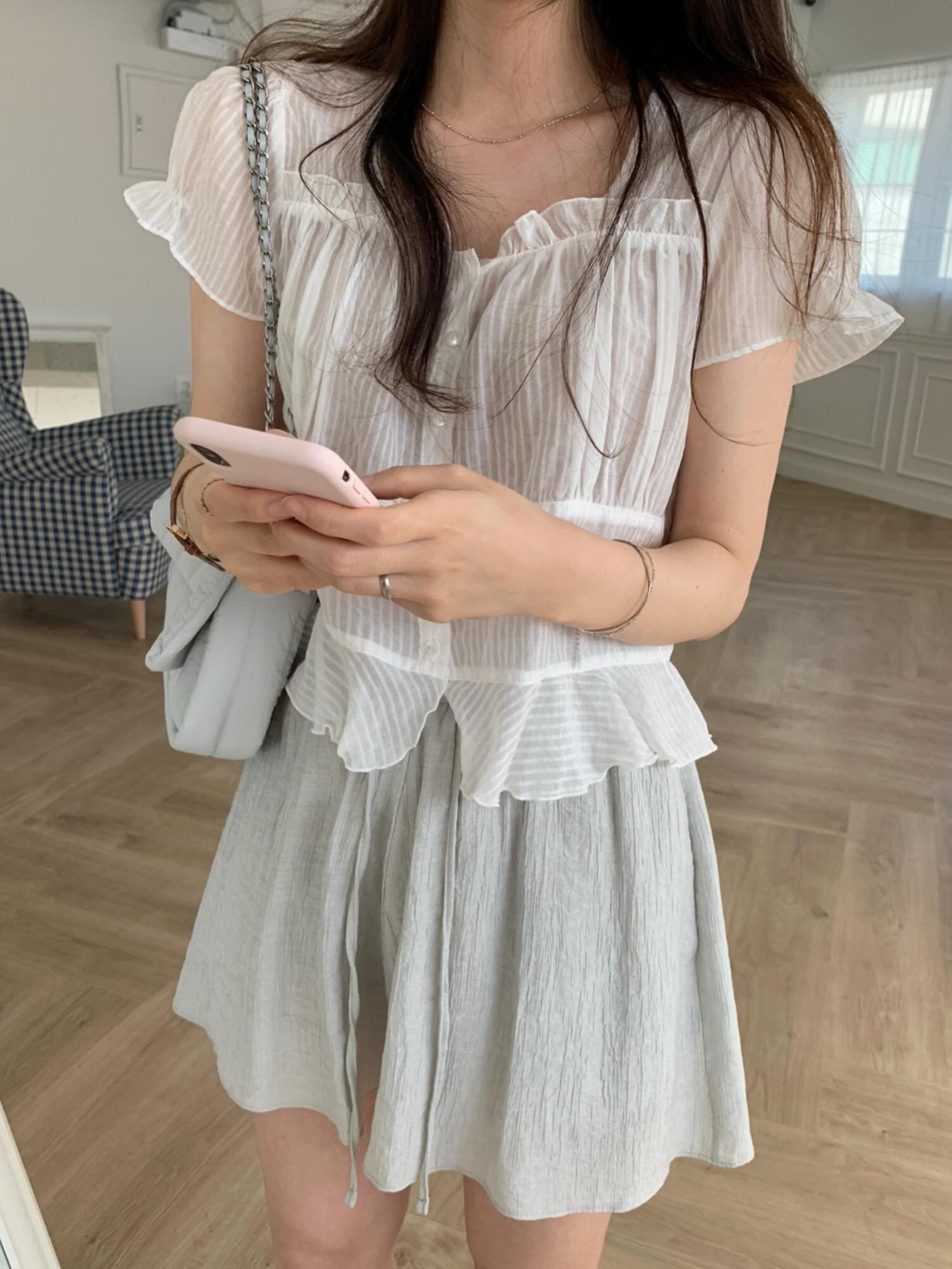 재고 있음 chic 한국 동대문 작은 절묘한 Pleat 부드러운 청 ~을 통해 달콤함 작은 버블 소매 셔츠 상세 이미지 1