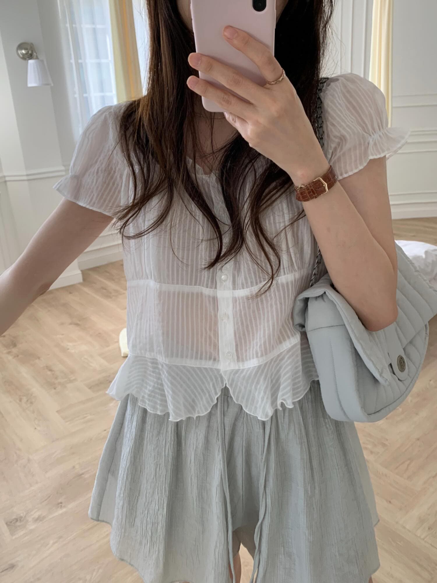 재고 있음 chic 한국 동대문 작은 절묘한 Pleat 부드러운 청 ~을 통해 달콤함 작은 버블 소매 셔츠 상세 이미지 2