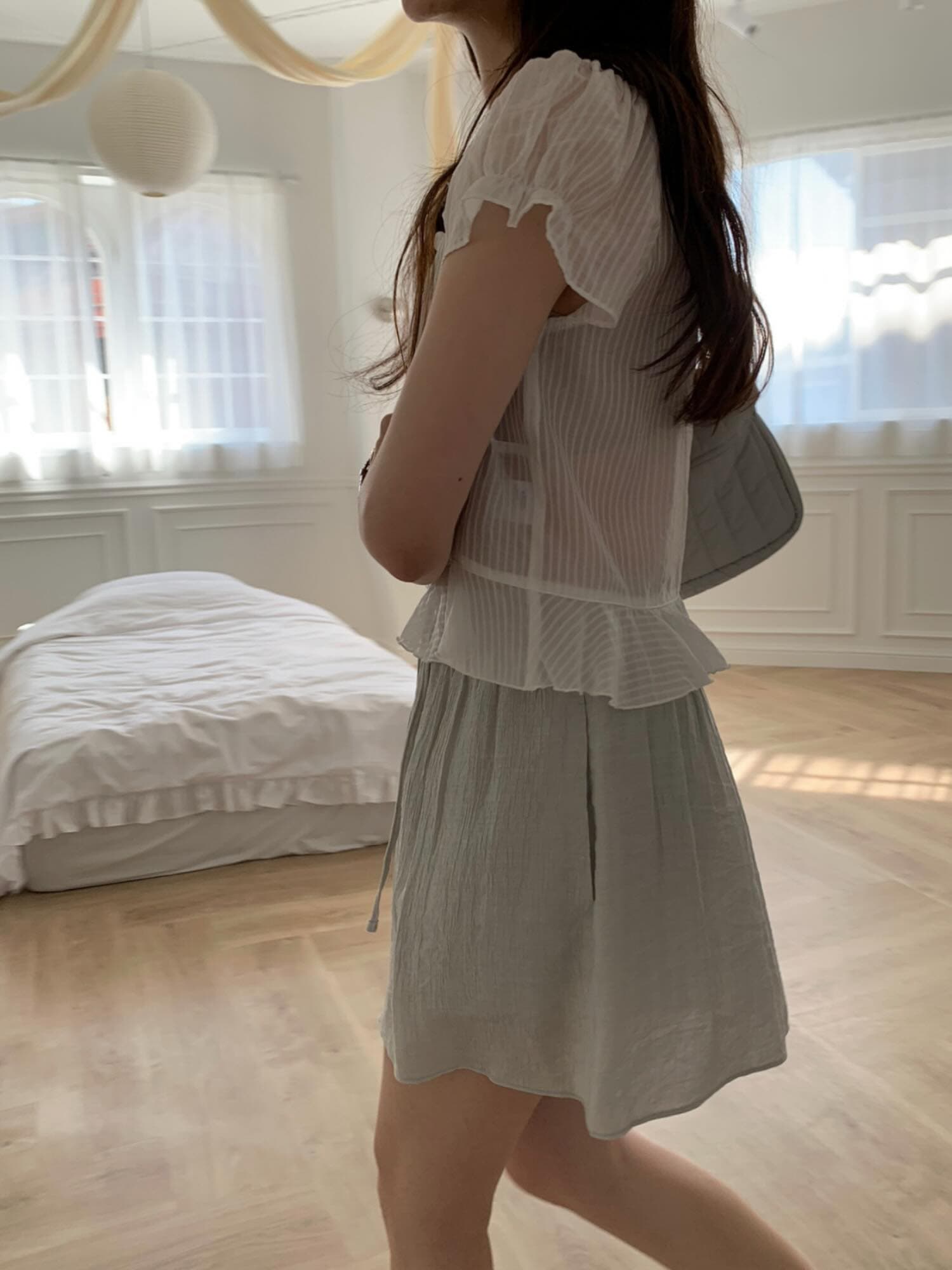 재고 있음 chic 한국 동대문 작은 절묘한 Pleat 부드러운 청 ~을 통해 달콤함 작은 버블 소매 셔츠 상세 이미지 4