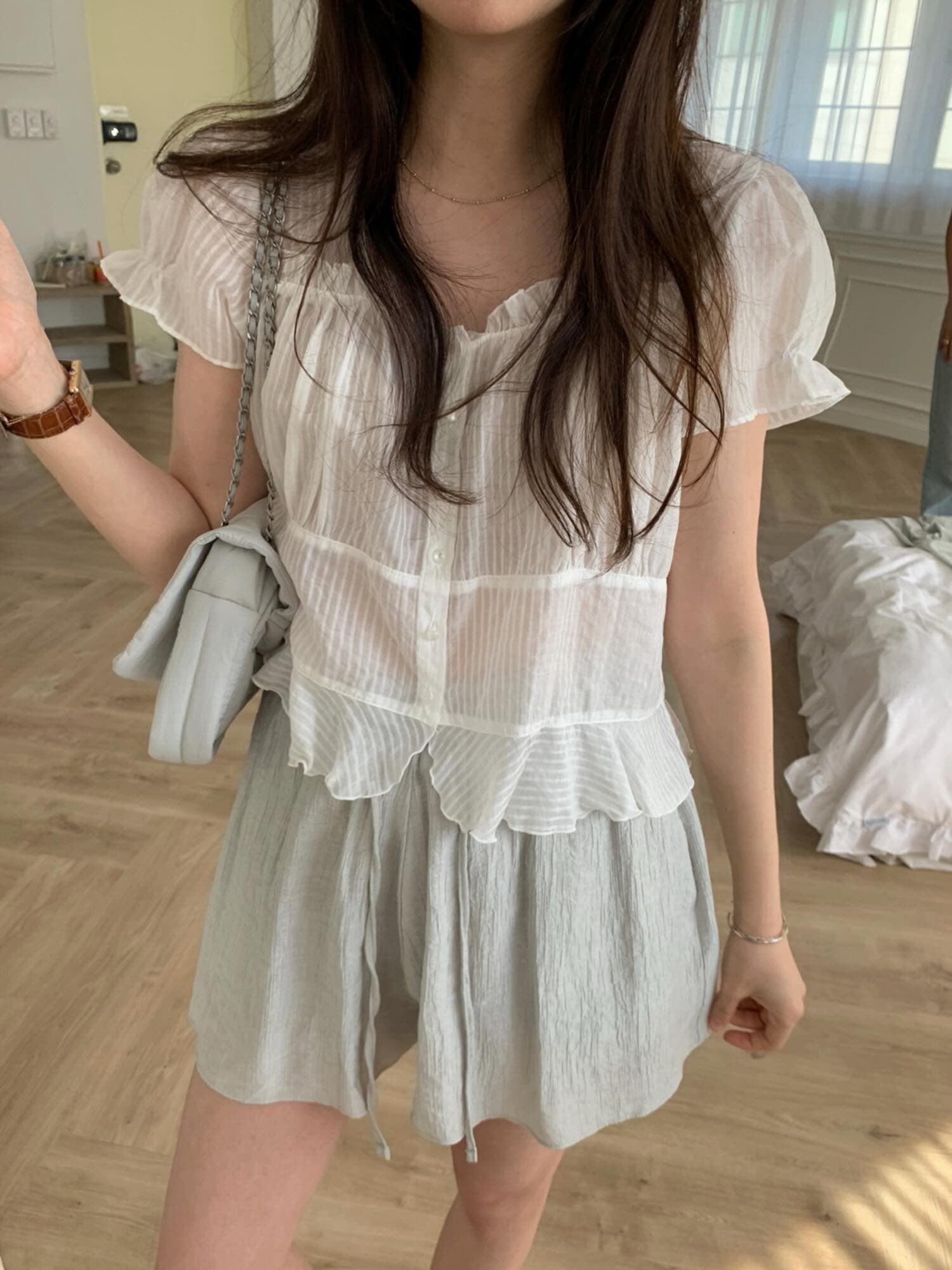 재고 있음 chic 한국 동대문 작은 절묘한 Pleat 부드러운 청 ~을 통해 달콤함 작은 버블 소매 셔츠 상세 이미지 5