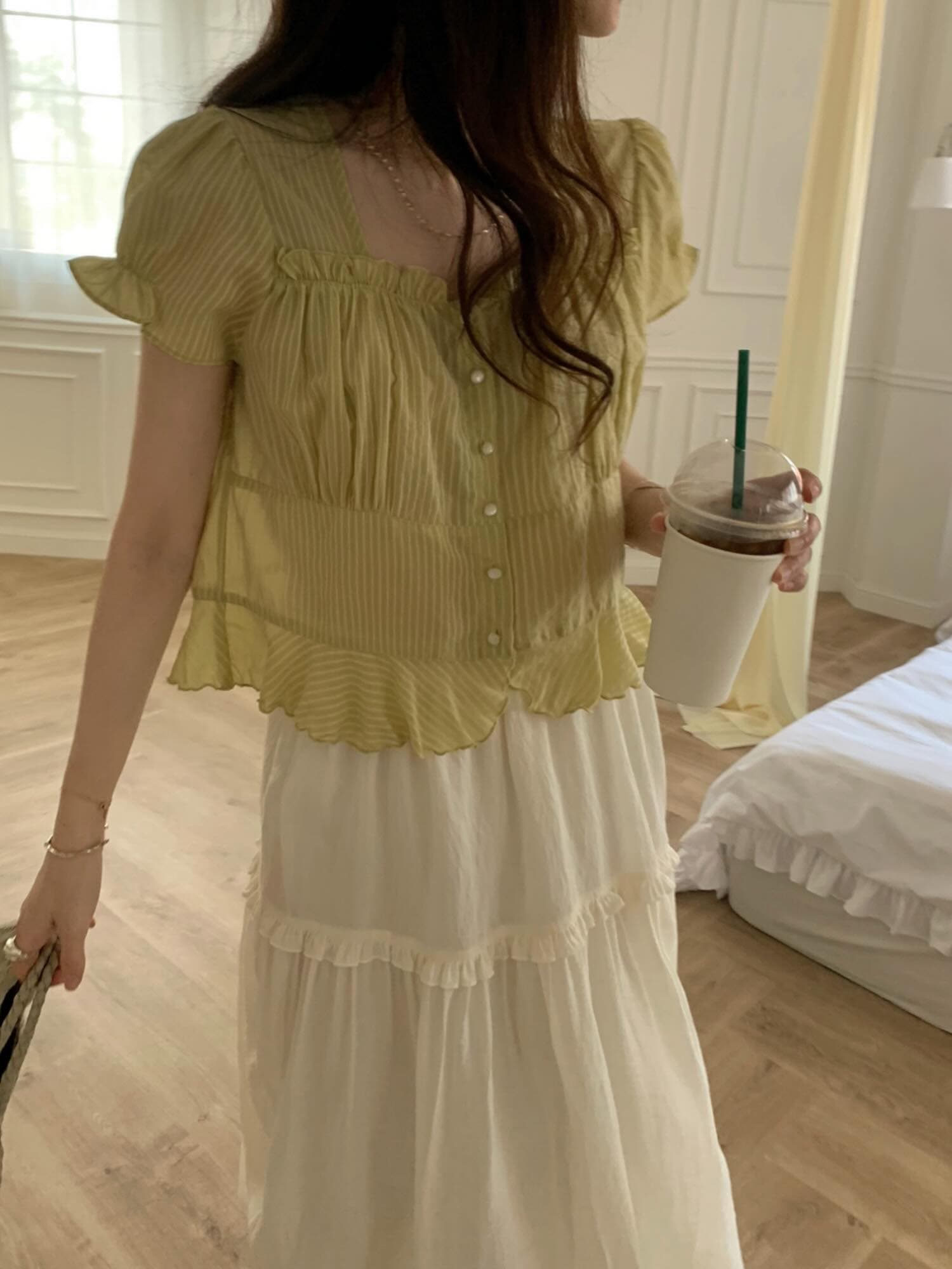 재고 있음 chic 한국 동대문 작은 절묘한 Pleat 부드러운 청 ~을 통해 달콤함 작은 버블 소매 셔츠 상세 이미지 6