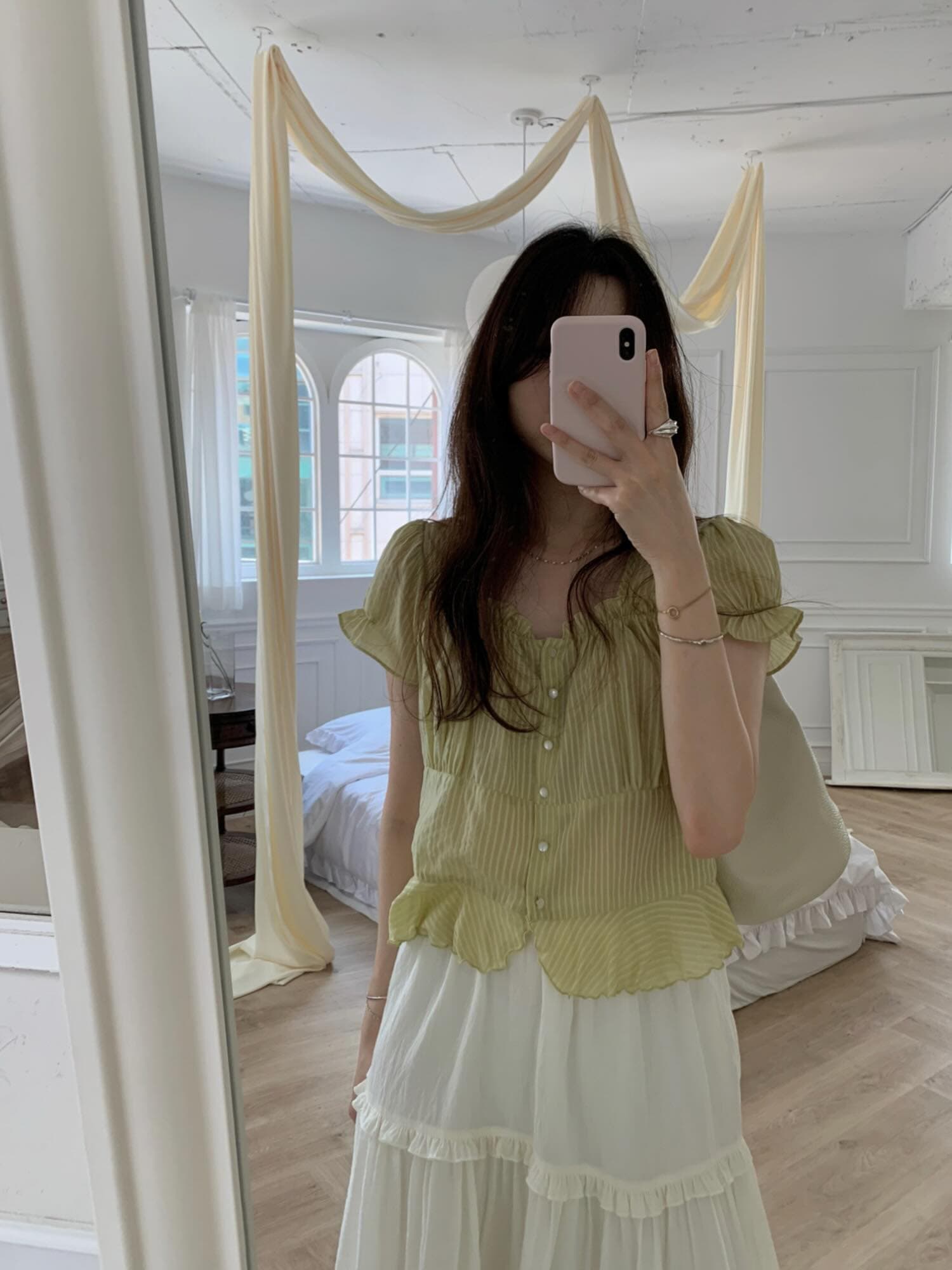 재고 있음 chic 한국 동대문 작은 절묘한 Pleat 부드러운 청 ~을 통해 달콤함 작은 버블 소매 셔츠 상세 이미지 7