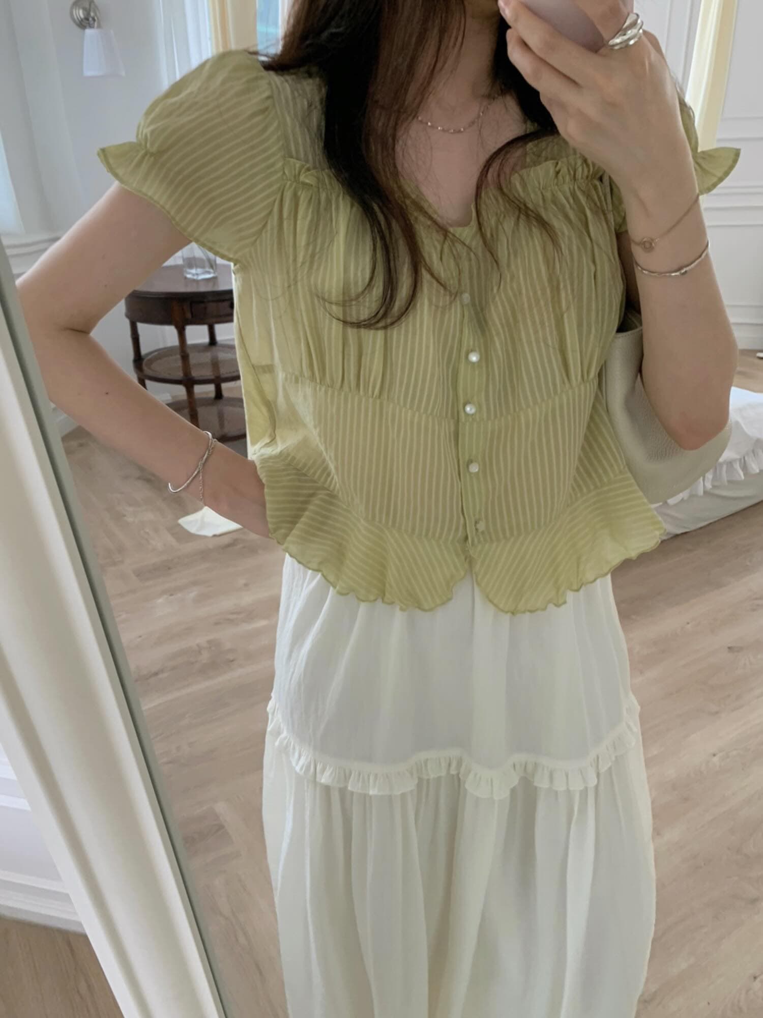 재고 있음 chic 한국 동대문 작은 절묘한 Pleat 부드러운 청 ~을 통해 달콤함 작은 버블 소매 셔츠 상세 이미지 8