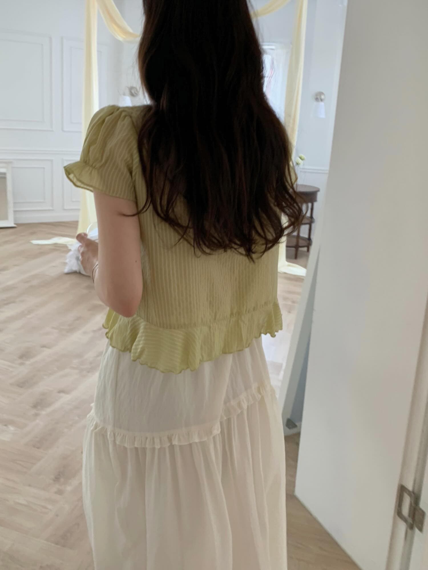 재고 있음 chic 한국 동대문 작은 절묘한 Pleat 부드러운 청 ~을 통해 달콤함 작은 버블 소매 셔츠 상세 이미지 9