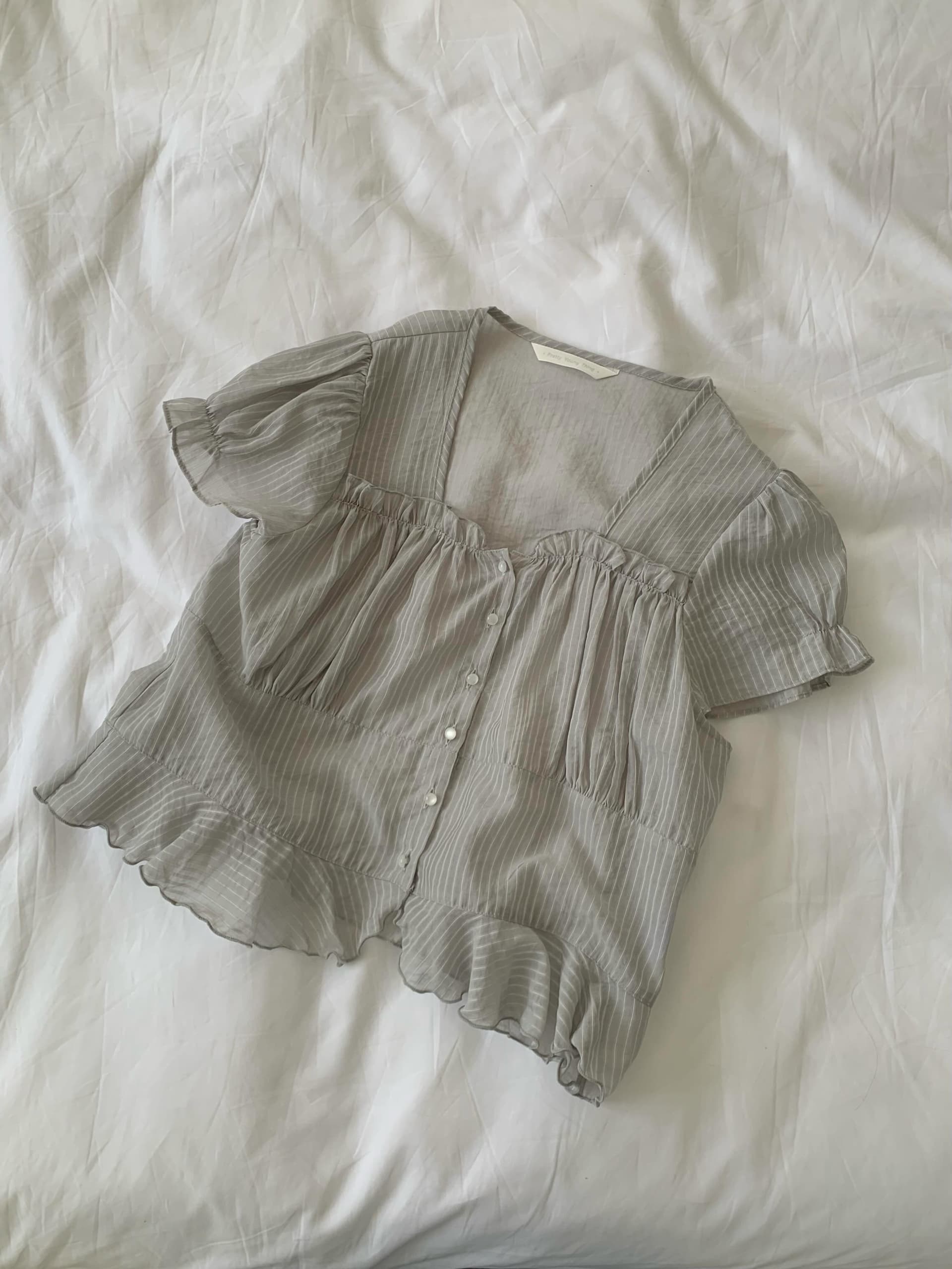 재고 있음 chic 한국 동대문 작은 절묘한 Pleat 부드러운 청 ~을 통해 달콤함 작은 버블 소매 셔츠 상세 이미지 12