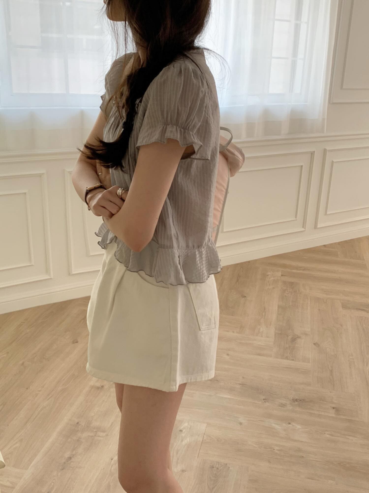 재고 있음 chic 한국 동대문 작은 절묘한 Pleat 부드러운 청 ~을 통해 달콤함 작은 버블 소매 셔츠 상세 이미지 13