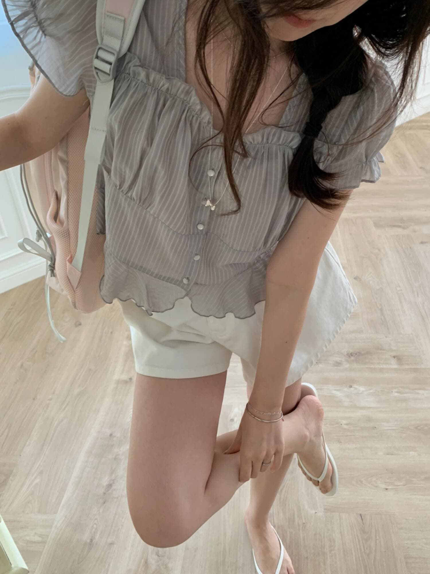 재고 있음 chic 한국 동대문 작은 절묘한 Pleat 부드러운 청 ~을 통해 달콤함 작은 버블 소매 셔츠 상세 이미지 14