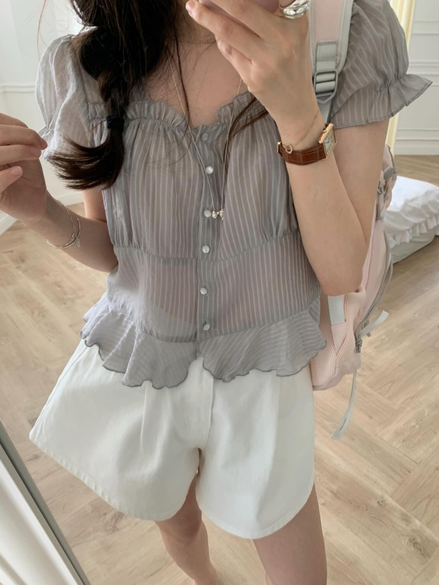 재고 있음 chic 한국 동대문 작은 절묘한 Pleat 부드러운 청 ~을 통해 달콤함 작은 버블 소매 셔츠 상세 이미지 16