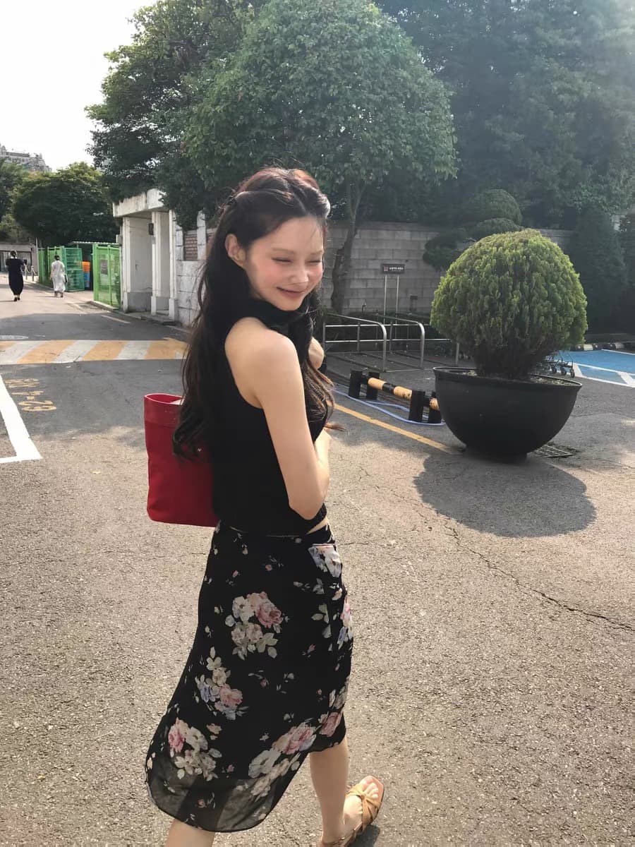 한국 동대문 부드러운 일상 가벼움 쉬폰 프린트 이후 밴딩 중간 스커트 반신 스커트 상세 이미지 19