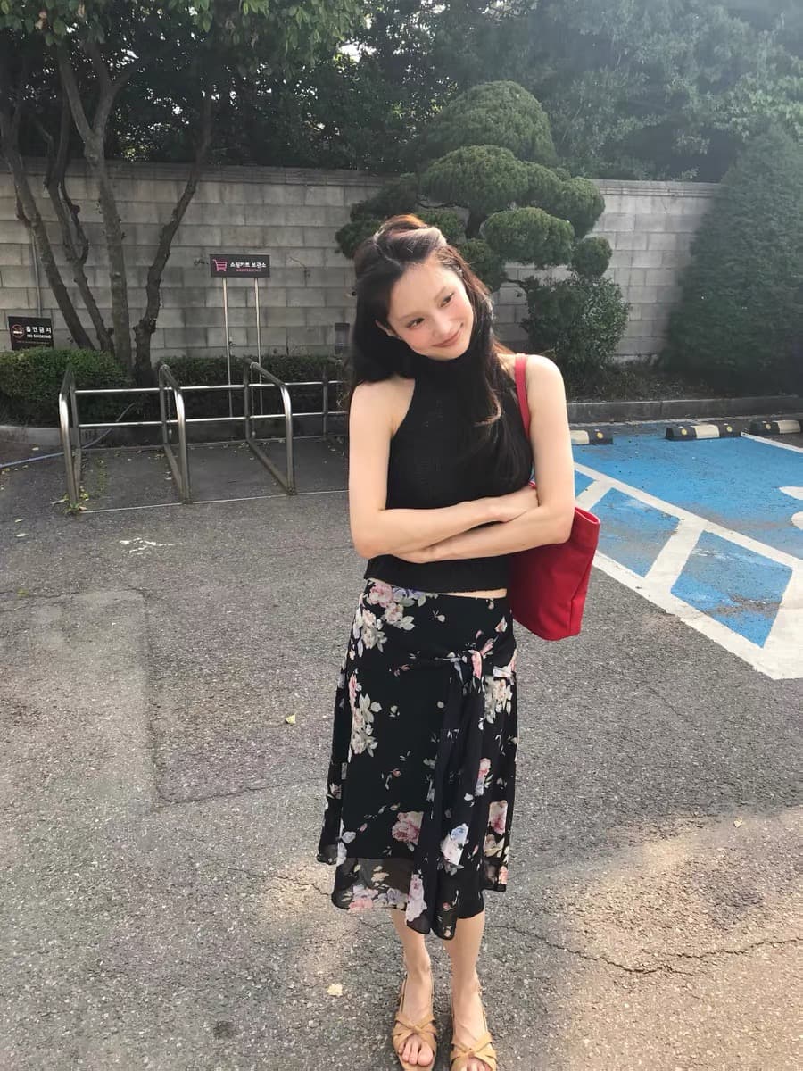 한국 동대문 부드러운 일상 가벼움 쉬폰 프린트 이후 밴딩 중간 스커트 반신 스커트 상세 이미지 20