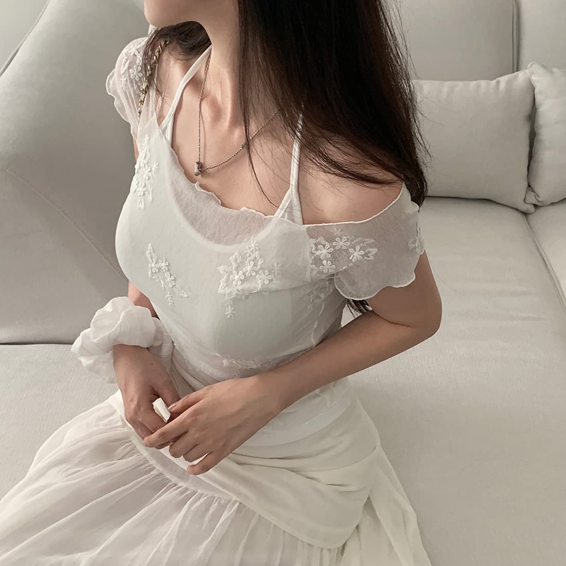 있음 선적 한국 동대문 봄 여름 부드러운 다용도 슬립 자수 반팔 세트 상세 이미지 6