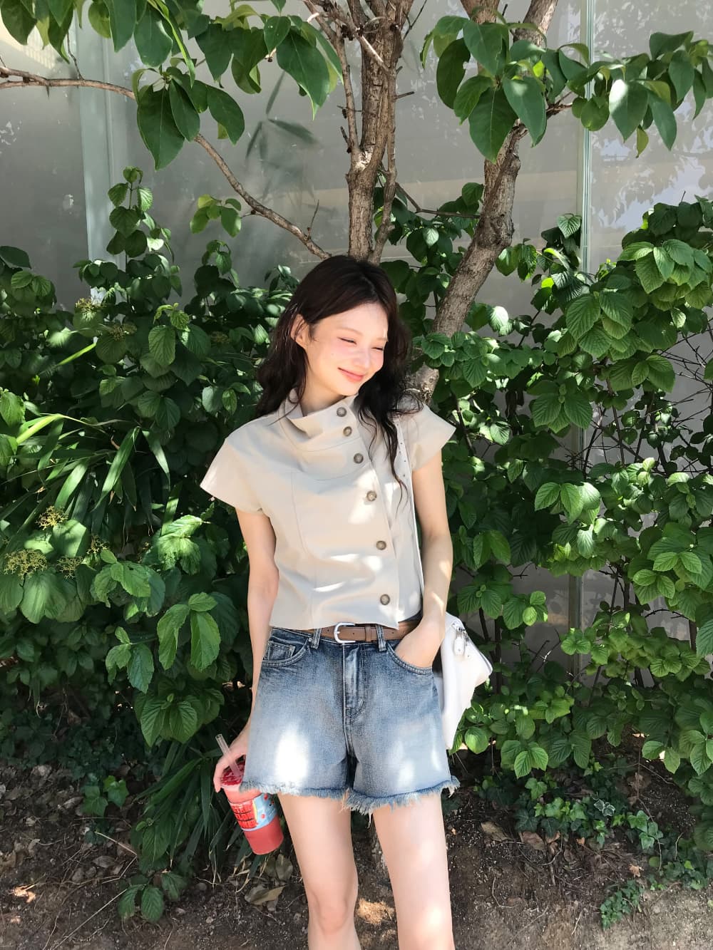 이중 버튼 배색 스탠드 칼라 반팔 티셔츠 여성 여름 몸매 가꾸기 슬림해 보이는 디자인 센스 패션 다용도 레트로 맨위 상세 이미지 7