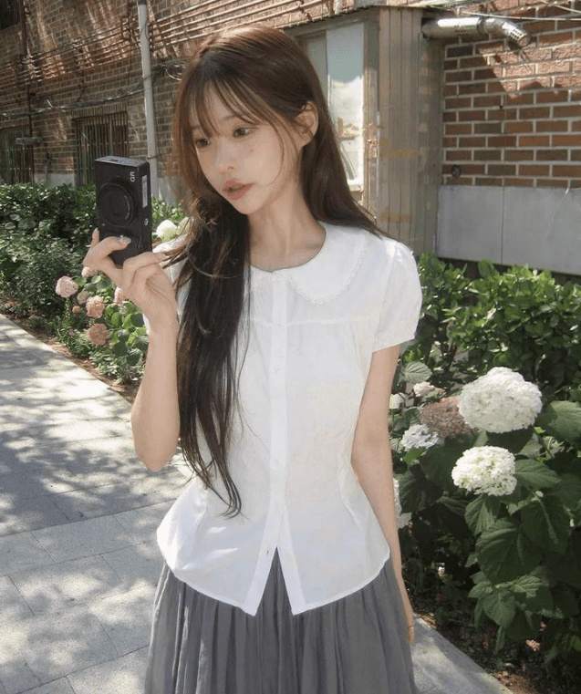 chic 한국 6 월 여름 한 부서 달콤함 소녀 베이비 칼라 레이스 체크무늬 반팔 셔츠 이미지 2