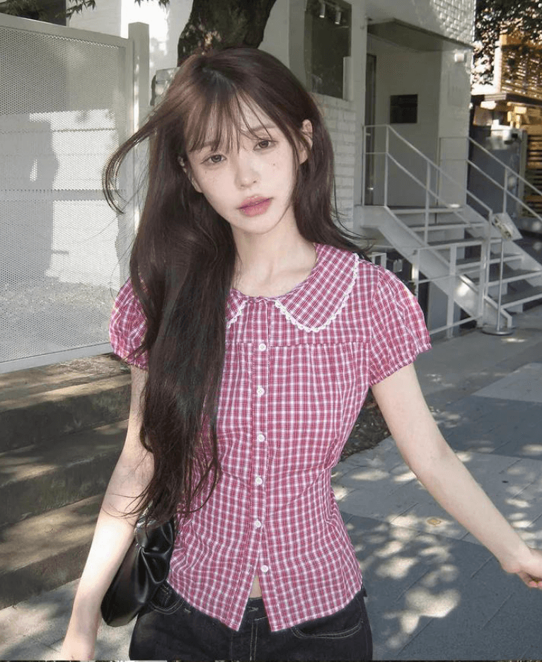 chic 한국 6 월 여름 한 부서 달콤함 소녀 베이비 칼라 레이스 체크무늬 반팔 셔츠 이미지 3