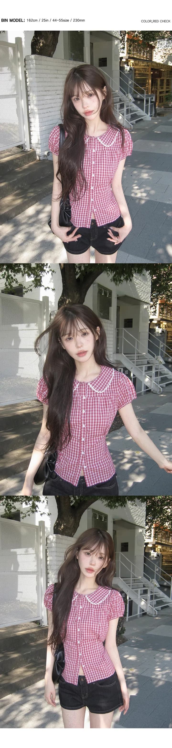 chic 한국 6 월 여름 한 부서 달콤함 소녀 베이비 칼라 레이스 체크무늬 반팔 셔츠 상세 이미지 5