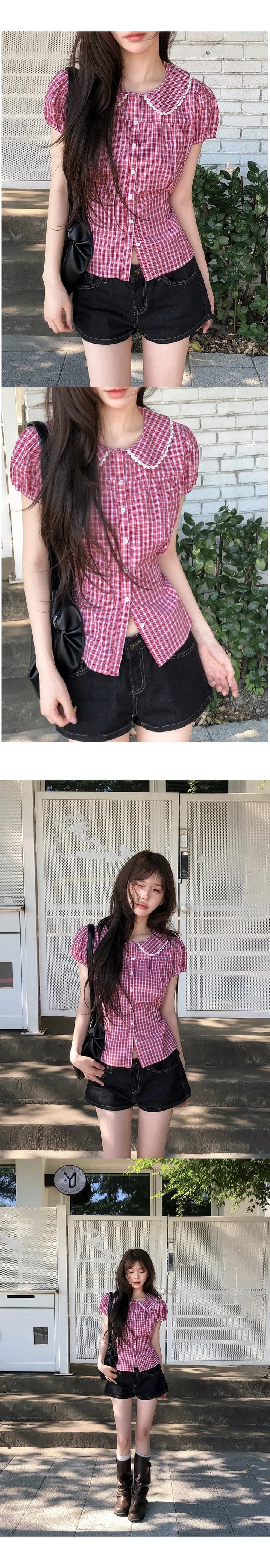 chic 한국 6 월 여름 한 부서 달콤함 소녀 베이비 칼라 레이스 체크무늬 반팔 셔츠 상세 이미지 6