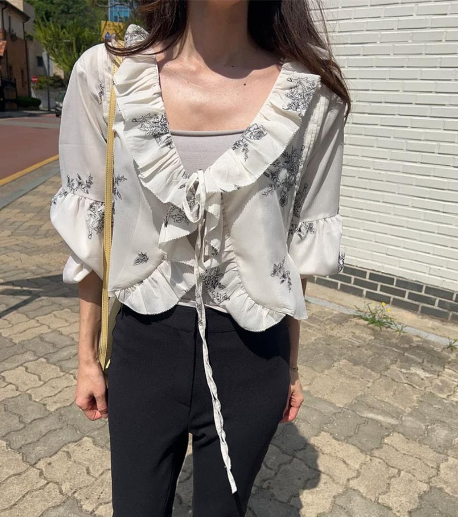 chic 한국 동대문 자수 프릴 칼라 꽃무늬 쉬폰 셔츠 외부 가져 가라. 셔츠 맨위 이미지 2
