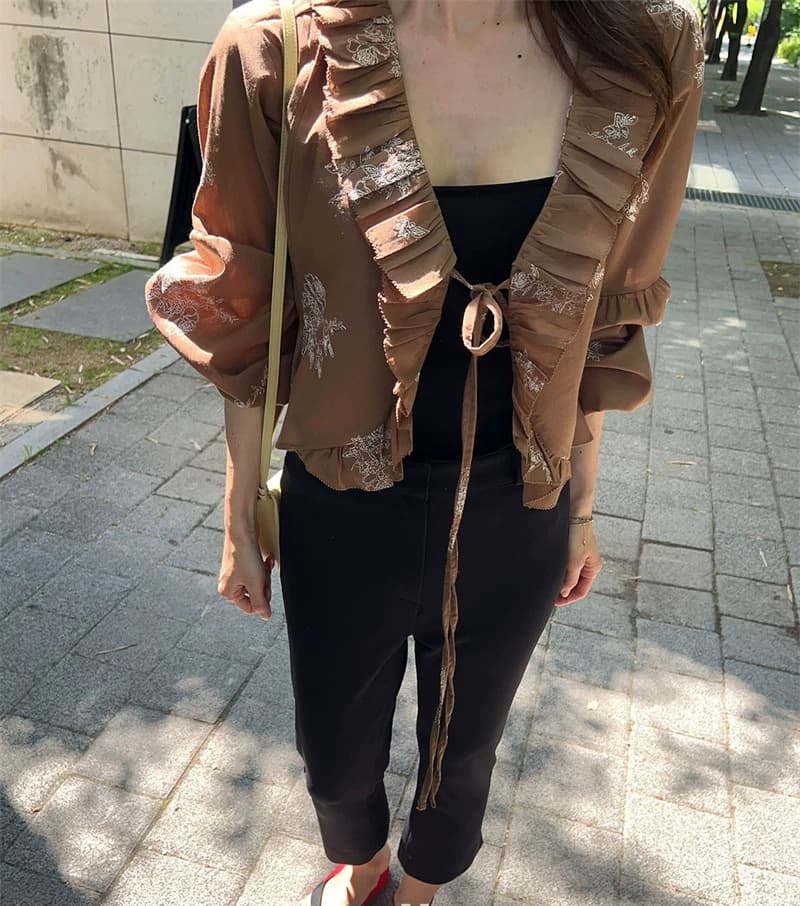 chic 한국 동대문 자수 프릴 칼라 꽃무늬 쉬폰 셔츠 외부 가져 가라. 셔츠 맨위 상세 이미지 12